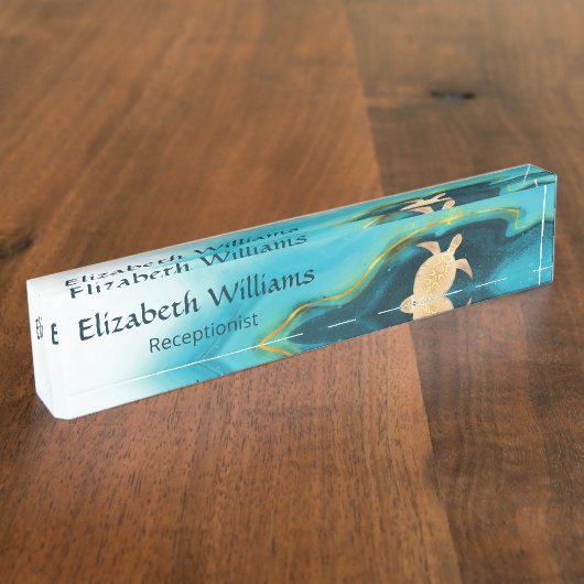 Gold Turtle Blue Waterverf Coastal Naambordje (Zijkant)