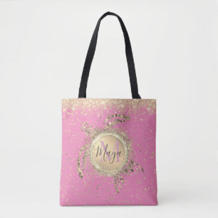 Gold Turtle Glitter Gepersonaliseerd op Roze Tote Bag