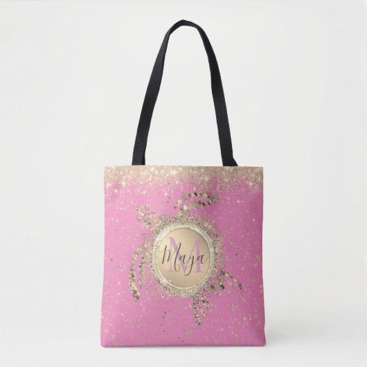 Gold Turtle Glitter Gepersonaliseerd op Roze Tote Bag (Voorkant)