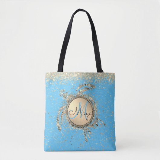 Gold Turtle Monogram Sterren Glitter op Blauw Tote Bag (Voorkant)
