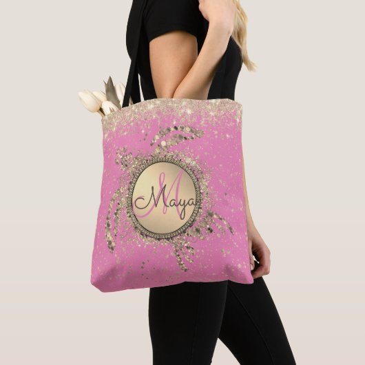 Gold Turtle Monogram Sterren Glitter Roze Tote Bag (Dichtbij)