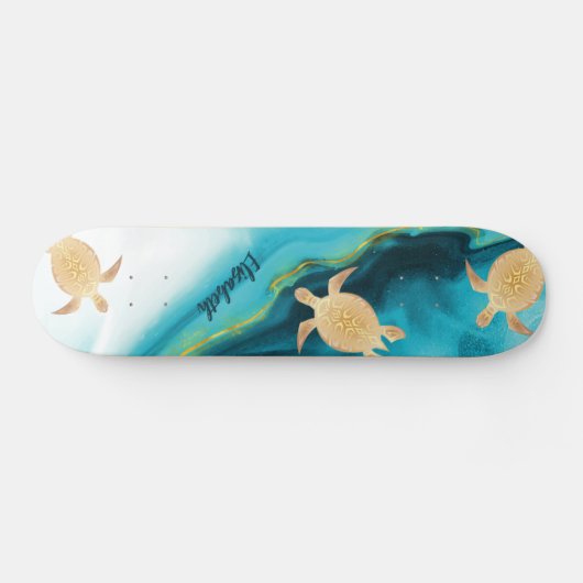 Gold Turtle Tribal Blauwgroen Ink Agate Monogram. Persoonlijk Skateboard (Horizontaal)