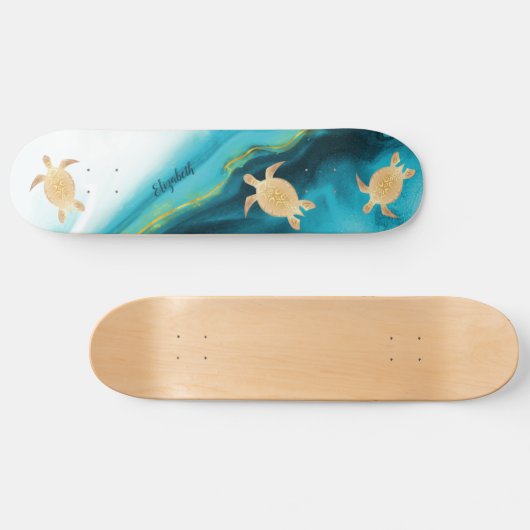 Gold Turtle Tribal Blauwgroen Ink Agate Monogram. Persoonlijk Skateboard (Horizontaal)