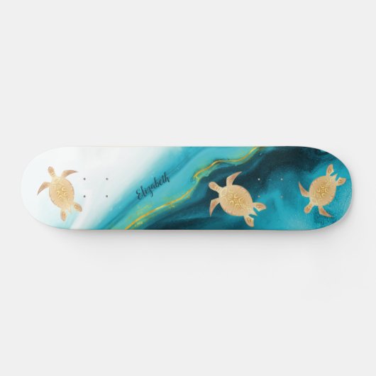 Gold Turtle Tribal Blauwgroen Ink Agate Monogram. Persoonlijk Skateboard (Horizontaal)
