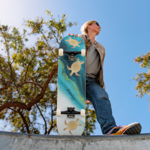 Gold Turtle Tribal Blauwgroen Ink Agate Monogram. Persoonlijk Skateboard