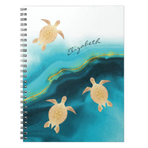 Gold Turtle Tribal Blauwgroen Ink Monogram Notitieboek