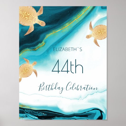 Gold Turtles Blauwgroen Ink Custom Birthday Party Poster (Voorkant)