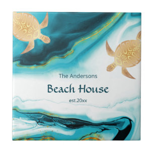 Gold Turtles Blauwgroen White Ink Familienaam Naam Tegeltje