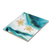 Gold Turtles Blauwgroen witte inkt Tegeltje (Zijkant)