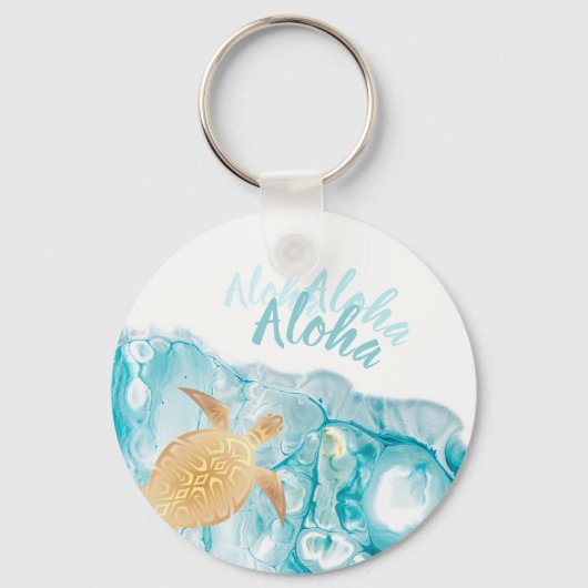 Gold Turtles Blue Ink Aloha Text Sleutelhanger (Voorkant)