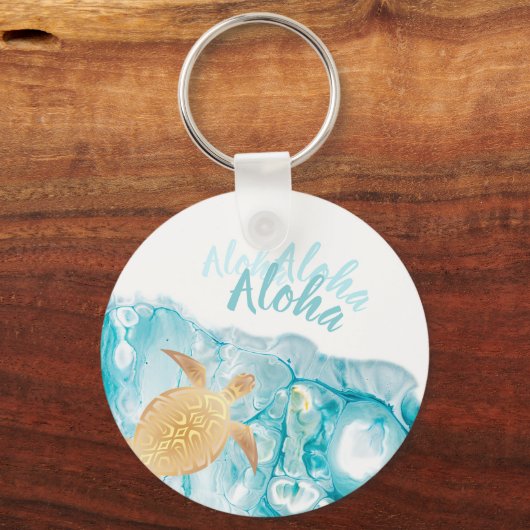 Gold Turtles Blue Ink Aloha Text Sleutelhanger (Achterkant)