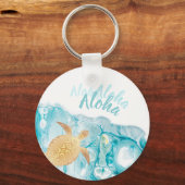 Gold Turtles Blue Ink Aloha Text Sleutelhanger (Voorkant)
