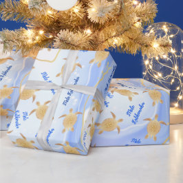 Gold Turtles Blue Ink | Kerstmis Mele Kalikimaka Cadeaupapier