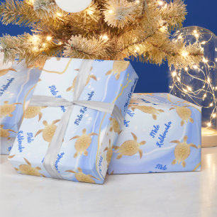 Gold Turtles Blue Ink   Kerstmis Mele Kalikimaka Cadeaupapier