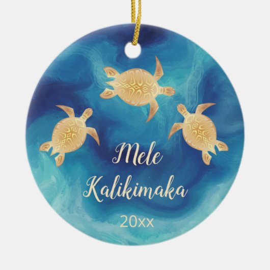 Gold Turtles Blue | Kerstmis in Hawaïti Keramisch Ornament (Voorkant)