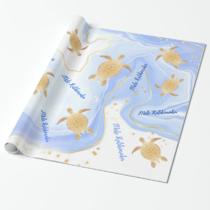 Gold Turtles Blue   Mele Kalikimaka   Kerstmis Cadeaupapier