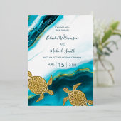 Gold Turtles Teal Ink Agate Wedding   Folie Uitnodiging (Staand Voorkant)