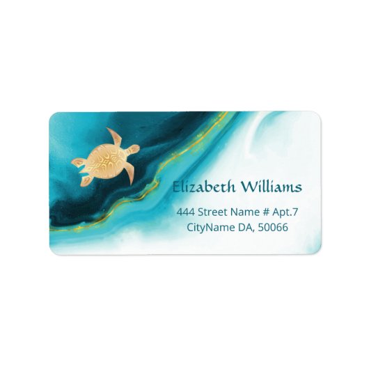 Gold Turtles Turquoise Waterverf Ink Coastal Etiket (Voorkant)