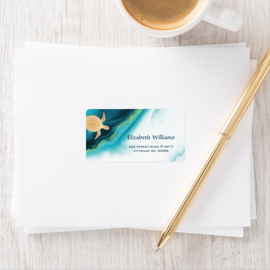 Gold Turtles Turquoise Waterverf Ink Coastal Etiket (Insitu)