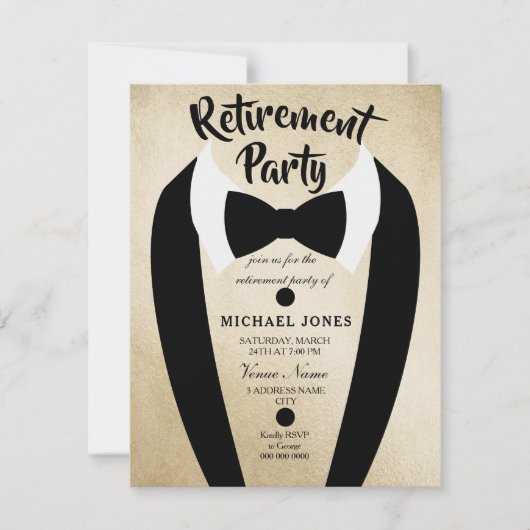 Gold Tuxedo Bow Stropdas Retirement Party Invite Kaart (Voorkant)