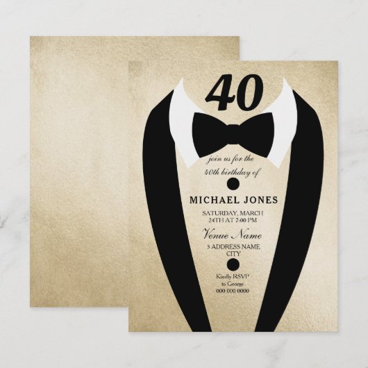 Gold Tuxedo Mannen 40e verjaardag Uitnodiging (Voorkant / Achterkant)