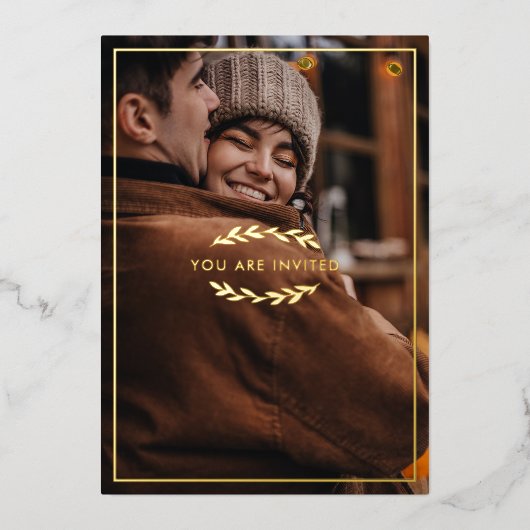 Gold Twigs Black Je bent uitgenodigd voor het foto Folie Uitnodiging (Voorkant)