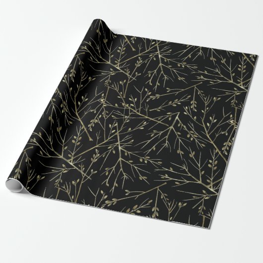 Gold Twigs on Black Cadeaupapier (Uitgerold)