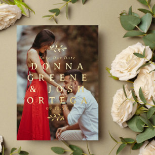 Gold Twigs Typografie Foto QR Code Save Our Date Folie Uitnodiging