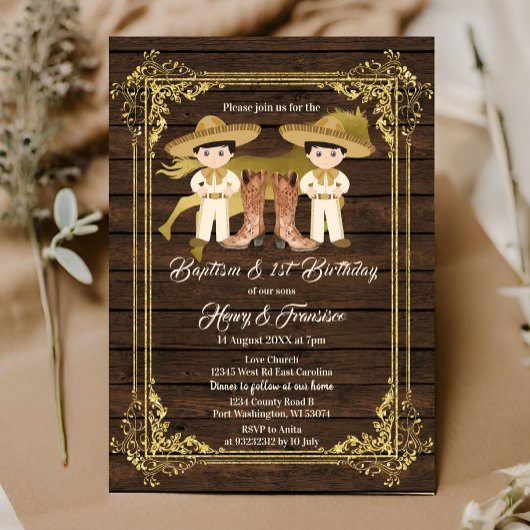 Gold Twin Boy Baptism en Birthday Rustic Wood Kaart