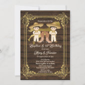 Gold Twin Boy Baptism en Birthday Rustic Wood Kaart (Voorkant)
