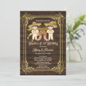 Gold Twin Boy Baptism en Birthday Rustic Wood Kaart (Staand voorkant)