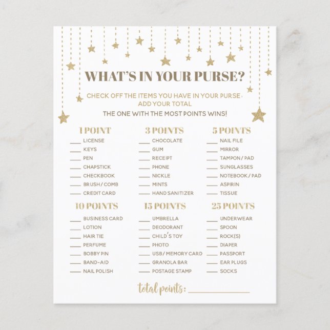 Gold Twinkle Star-Baby shower Wat zit er in je tas (Voorkant)