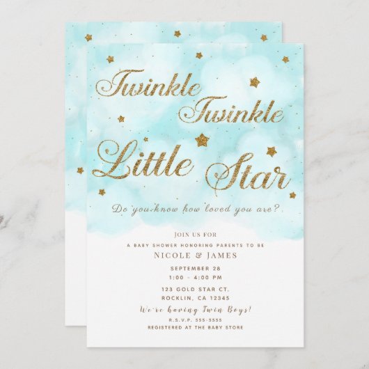 Gold Twinkle Stars & Blue Sky Clouds Baby shower Kaart (Voorkant / Achterkant)