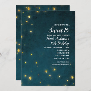 Gold Twinkle Stars Celestial Sky Sweet 16 Party Kaart