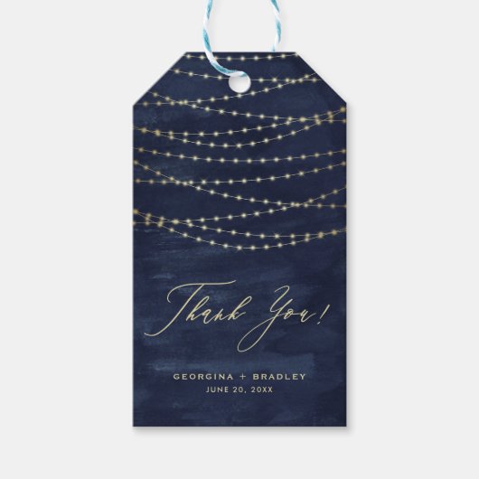 Gold Twinkle String Lights Navy Blue Hartelijk dan Cadeaulabel (Voorkant)