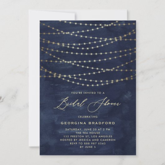 Gold Twinkle String Lights Navy Blue Vrijgezellenf Kaart (Voorkant)