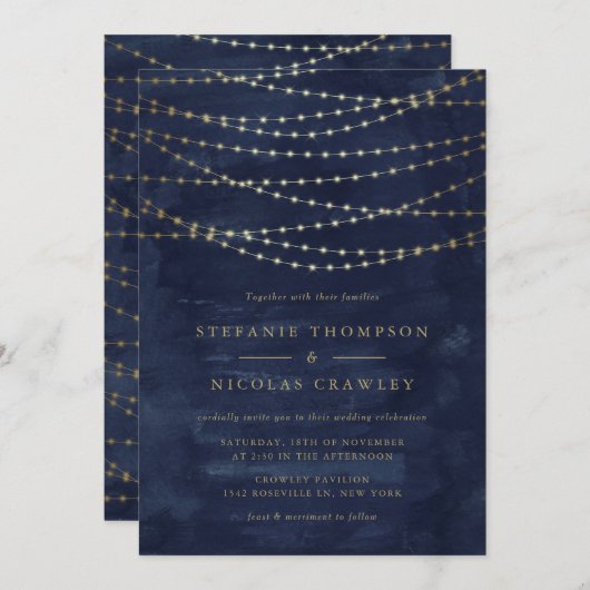 Gold Twinkle String Lights Waterverf Blue Wedding Kaart (Voorkant / Achterkant)
