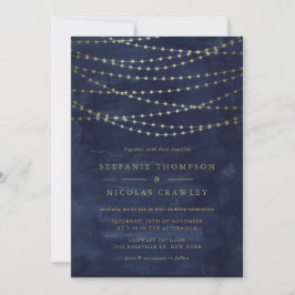Gold Twinkle String Lights Waterverf Blue Wedding Kaart