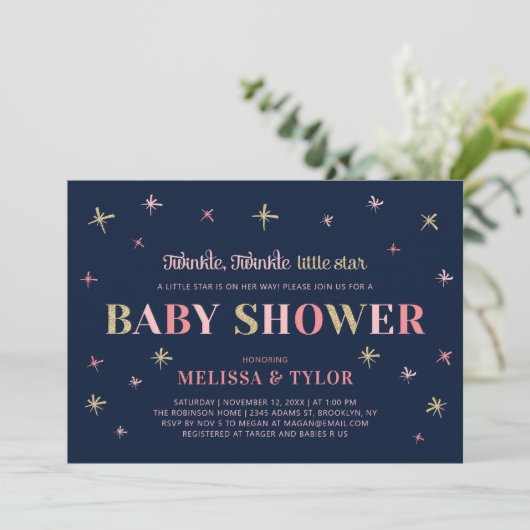 Gold Twinkle Twinkle Little Star Girl Baby shower Kaart (Staand voorkant)