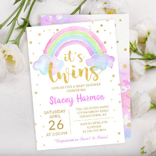 Gold Twins Pastel Waterverf Rainbow Baby shower Kaart