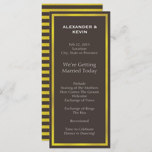 Gold Two Grooms-Gay huwelijksprogramma Programmakaart (Voorkant / Achterkant)