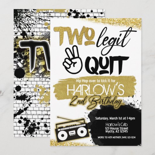 Gold Two Legit Two Quit Hip Hop Invitation Kaart (Voorkant / Achterkant)