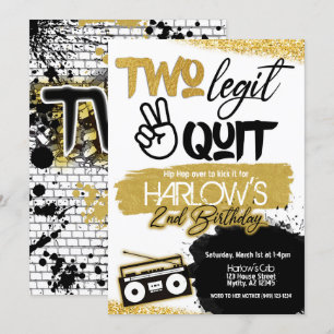 Gold Two Legit Two Quit Hip Hop Invitation Kaart