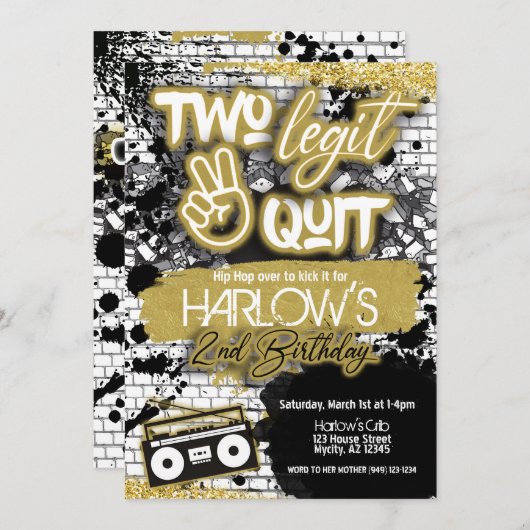 Gold Two Legit Two Quit Hip Hop Invitation Kaart (Voorkant / Achterkant)