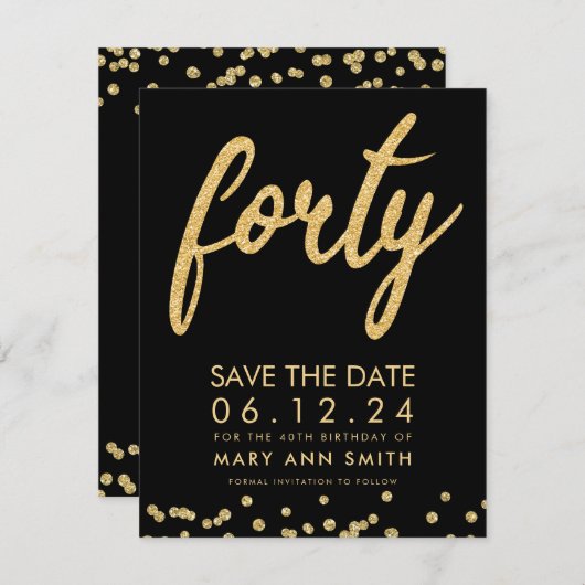 Gold Type 40th Birthday Save Date Confetti Kaart (Voorkant / Achterkant)