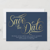 Gold Typo Modern Blue Save The Date Card Kaart (Voorkant)
