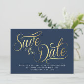 Gold Typo Modern Blue Save The Date Card Kaart (Staand voorkant)