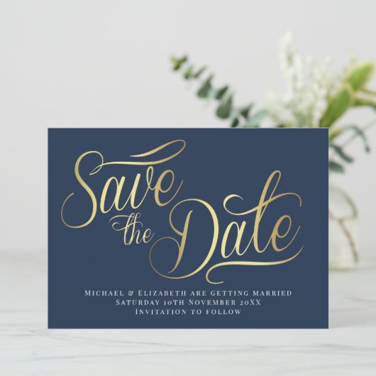 Gold Typo Modern Blue Save The Date Card Kaart (Staand voorkant)