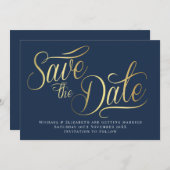 Gold Typo Modern Blue Save The Date Card Kaart (Voorkant / Achterkant)