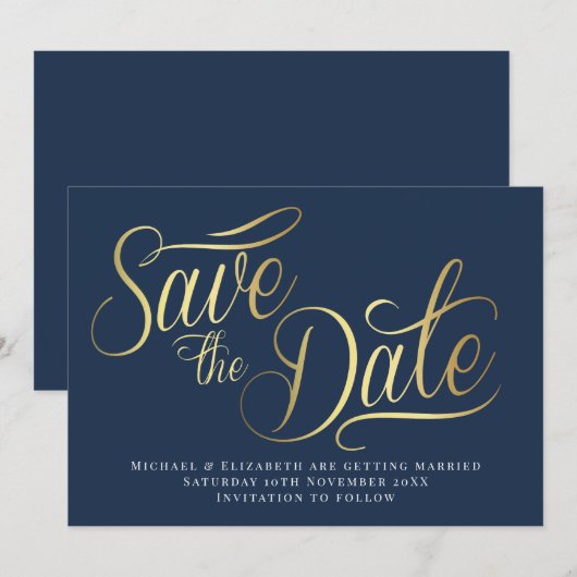 Gold Typo Modern Blue Save The Date Card Kaart (Voorkant / Achterkant)